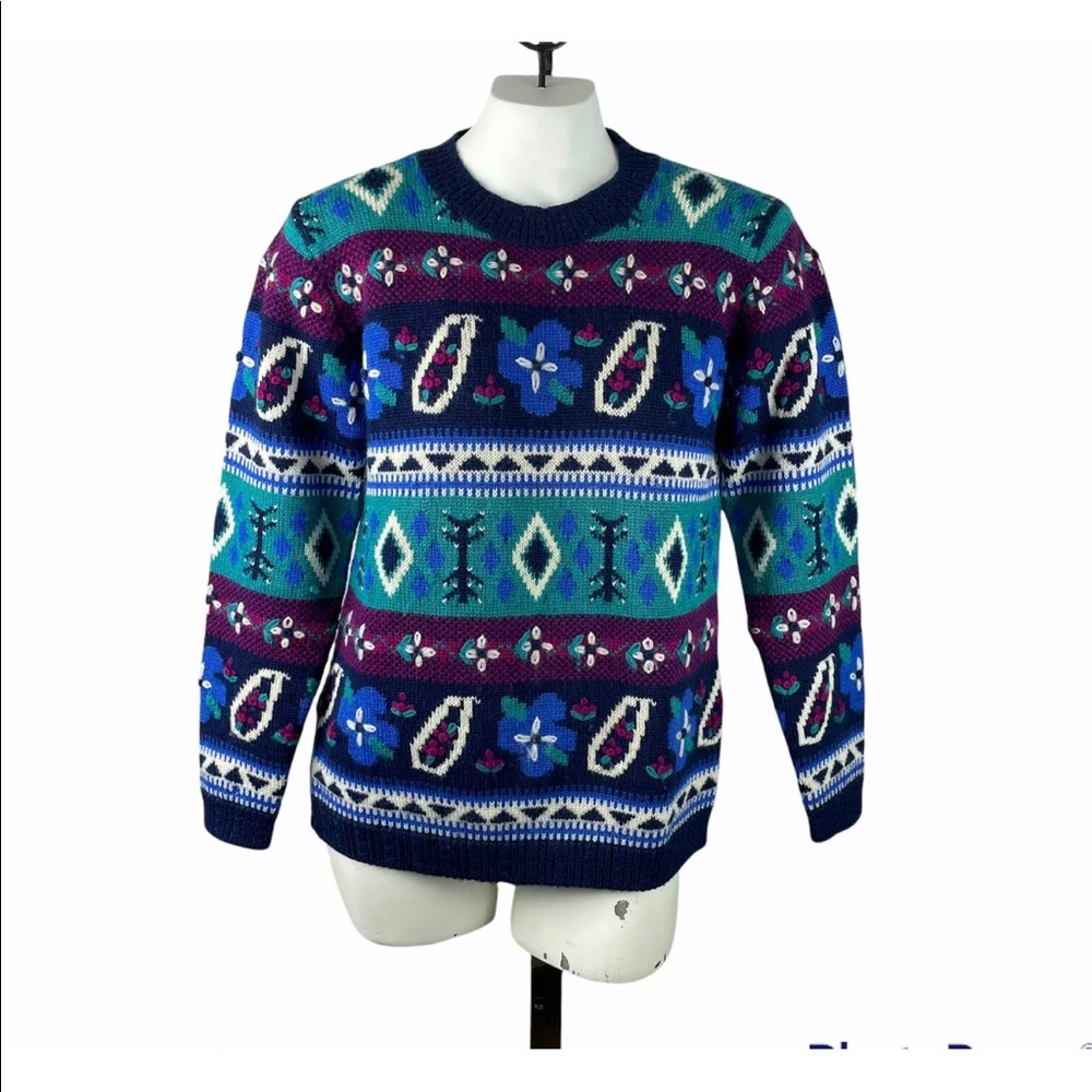 Vtg British Bermuda Lady Clansman Cardigan Button Sweater 3D Rose Flower Wool S